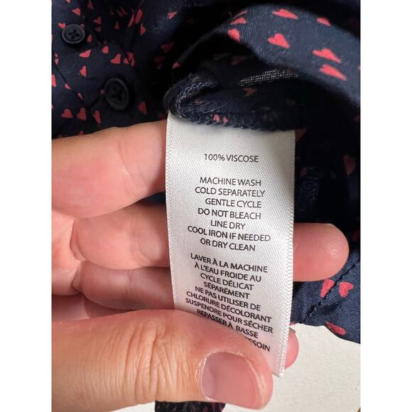 Beach Lunch Lounge Blue Red Heart Print Long Sleeve Viscose Button Up Top Size M - Picture 4 of 5